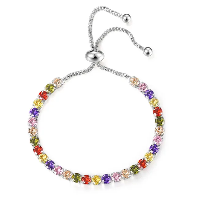 10k White Gold 7 Cttw Created Multi Color Round Adjustable Tennis Plated Bracelet