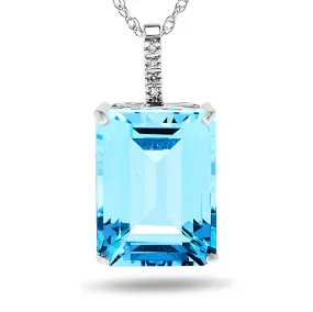 10k White Gold Large Blue Topaz and Diamond Gemstone Pendant necklace, Birthstone of December