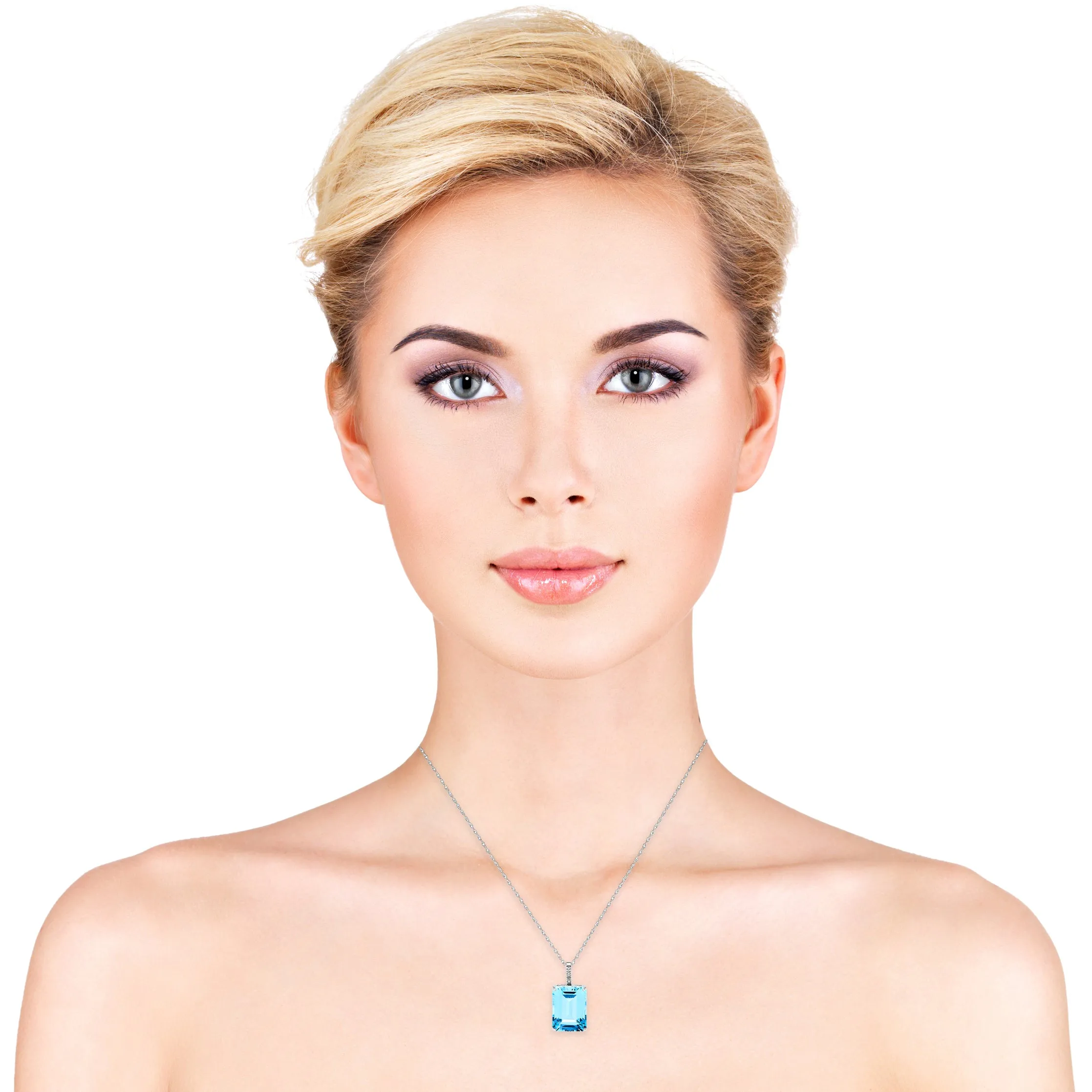 10k White Gold Large Blue Topaz and Diamond Gemstone Pendant necklace, Birthstone of December