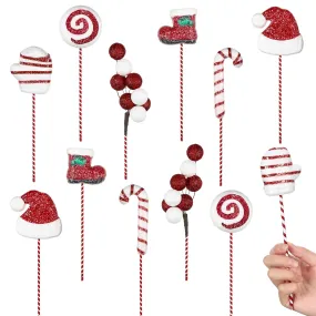12 Pcs Christmas Candy Cane Ornaments Set Picks Glitter Lollipop Santa Hat Glo