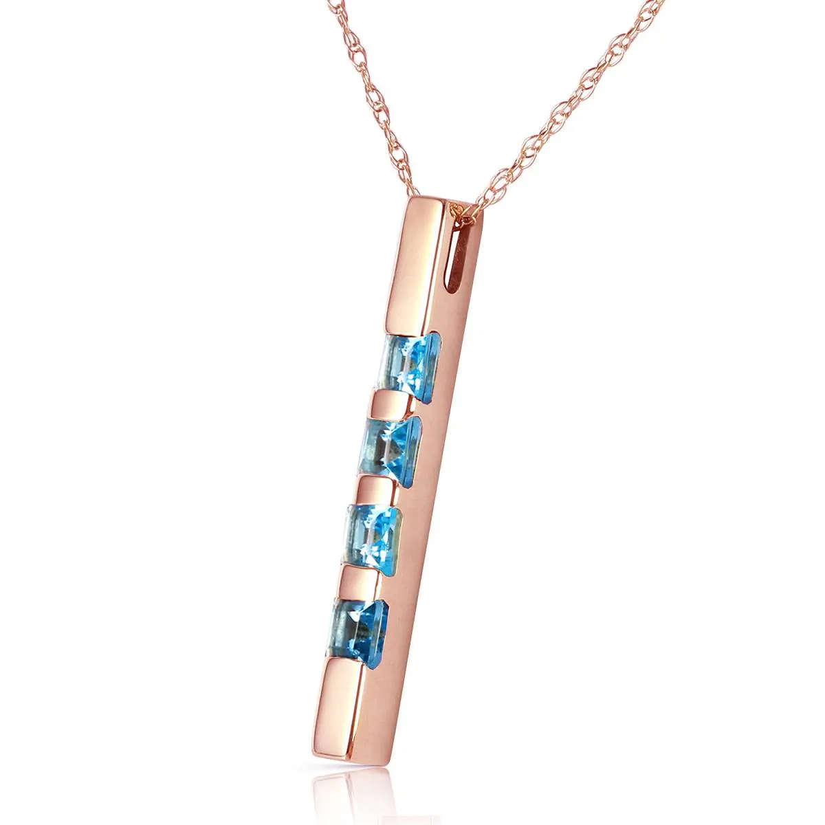 14K Solid Rose Gold Necklace Bar w/ Natural Blue Topaz