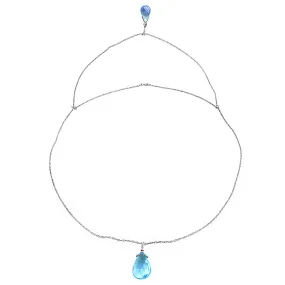 14K Solid White Gold Front And Back Drop Necklace w/ Briolette Blue Topaz