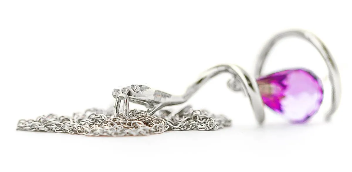 14K Solid White Gold Snake Necklace w/ Dangling Briolette Pink Topaz & Diamond
