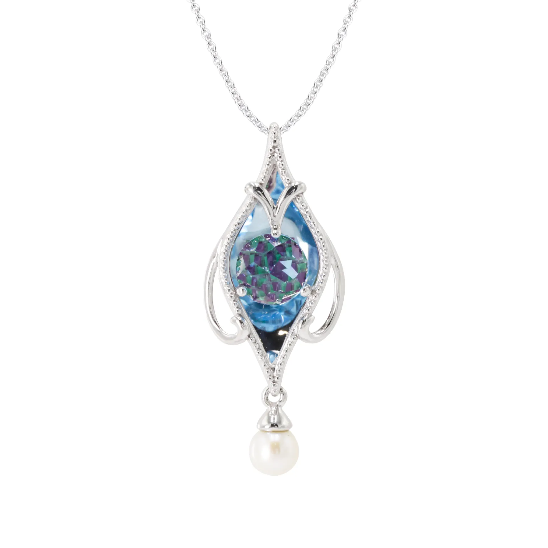14K White Gold, Blue Topaz and Pearl Necklace
