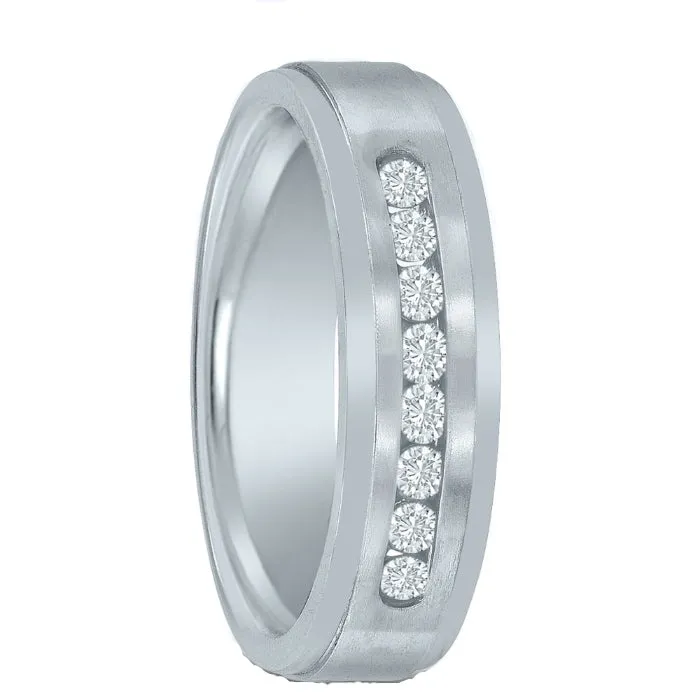 14K White Gold Mens Wedding Band with Diamonds