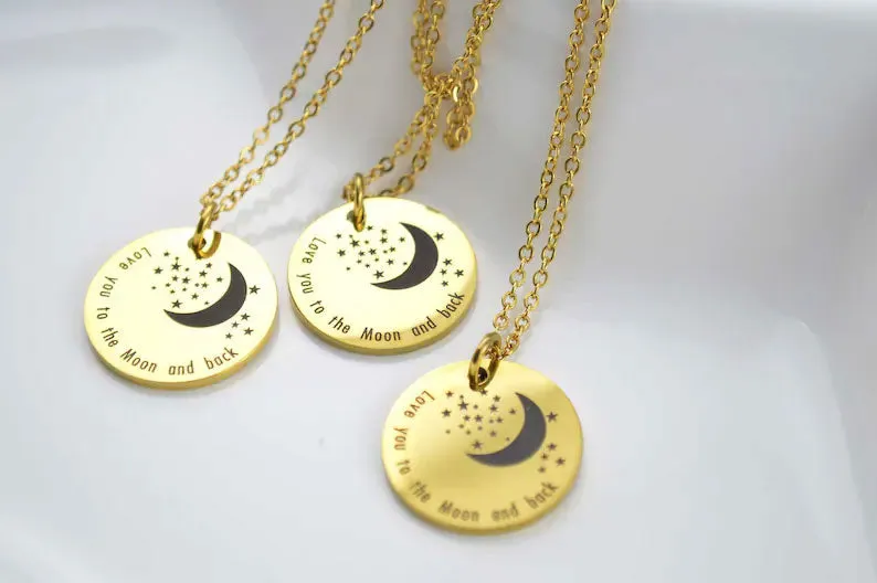 18K Gold Star Moon Necklace, WATERPROOF Stainless Steel, Love Gifts, Engraved Necklace, Celestial Necklace, Moon Jewelry, Stacking Necklace