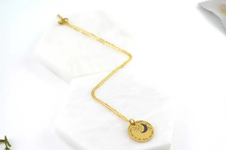 18K Gold Star Moon Necklace, WATERPROOF Stainless Steel, Love Gifts, Engraved Necklace, Celestial Necklace, Moon Jewelry, Stacking Necklace