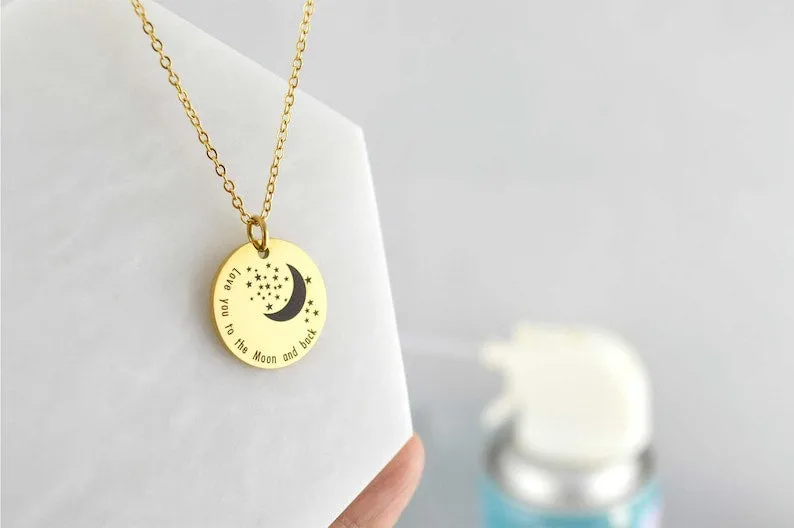 18K Gold Star Moon Necklace, WATERPROOF Stainless Steel, Love Gifts, Engraved Necklace, Celestial Necklace, Moon Jewelry, Stacking Necklace