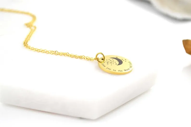 18K Gold Star Moon Necklace, WATERPROOF Stainless Steel, Love Gifts, Engraved Necklace, Celestial Necklace, Moon Jewelry, Stacking Necklace