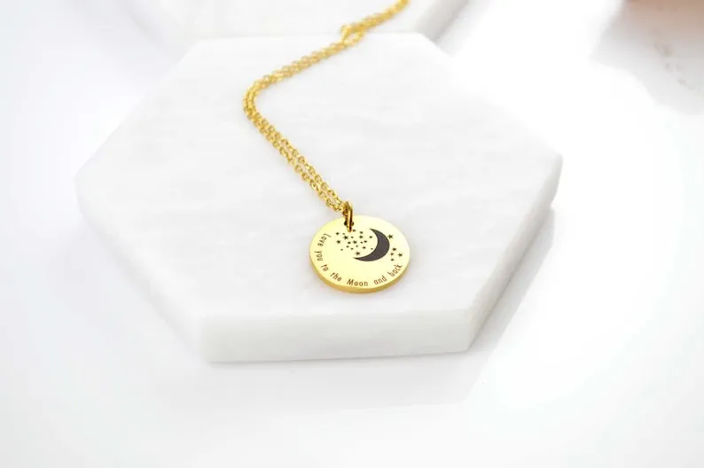 18K Gold Star Moon Necklace, WATERPROOF Stainless Steel, Love Gifts, Engraved Necklace, Celestial Necklace, Moon Jewelry, Stacking Necklace