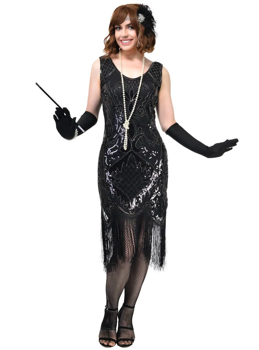 1920s Black Gatsby Dress Costume with Sequins and Beads