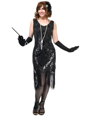 1920s Black Gatsby Dress Costume with Sequins and Beads