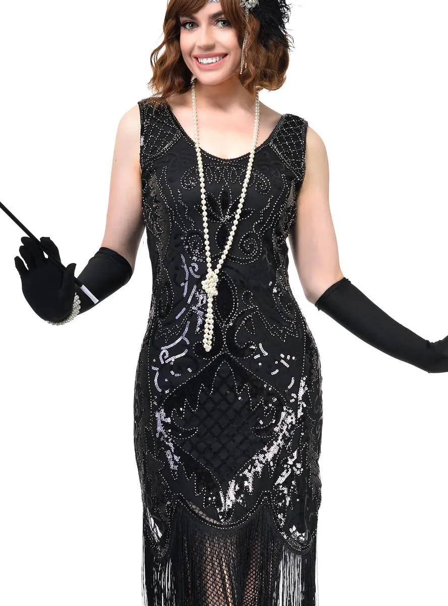 1920s Black Gatsby Dress Costume with Sequins and Beads