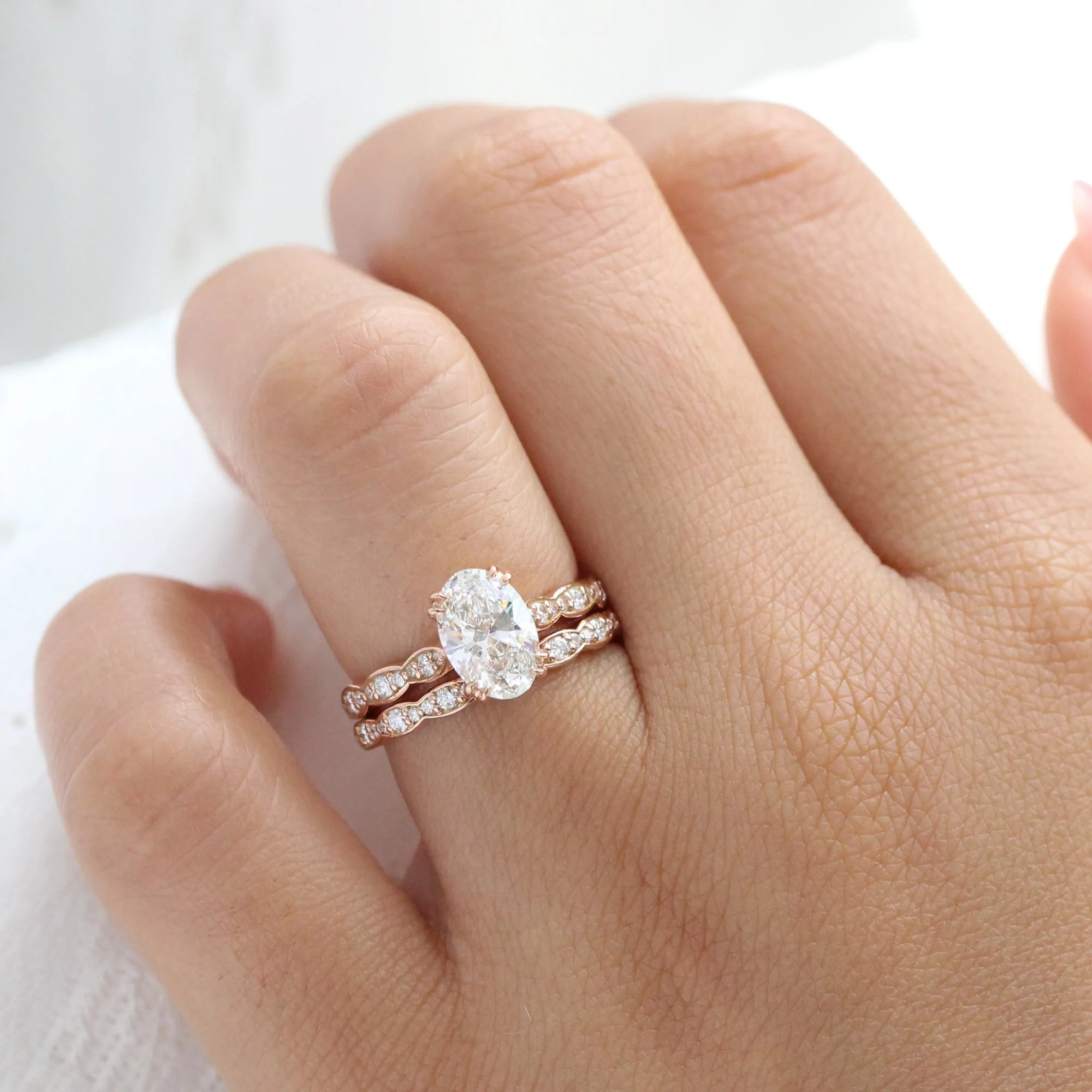 1.98 Ctw Oval Diamond Ring Set w/ Lab Diamond and Matching Wedding Band