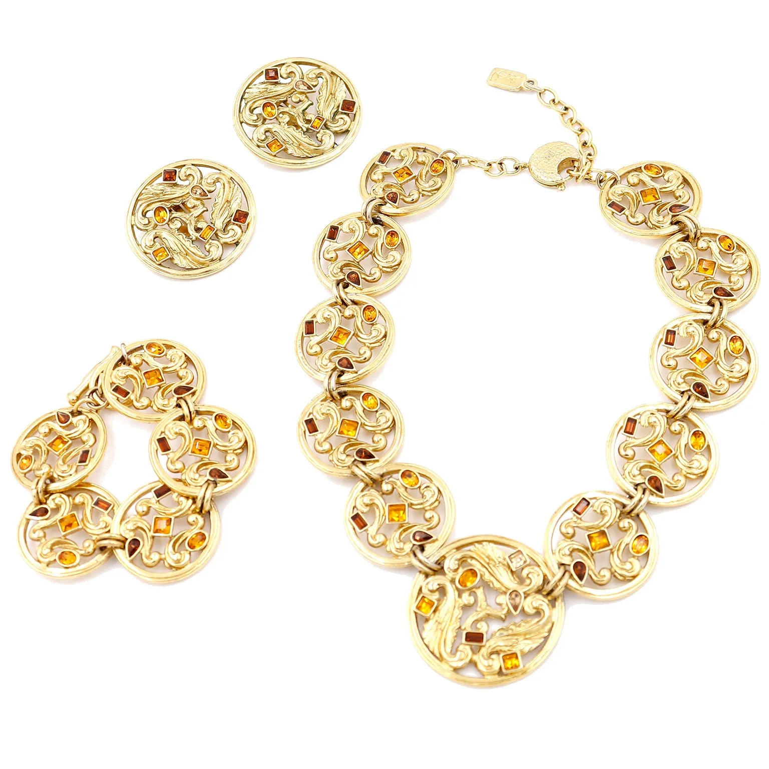1980s YSL 3 pc Gold Jewelry Baroque Open Work Necklace Earrings Bracelet Set