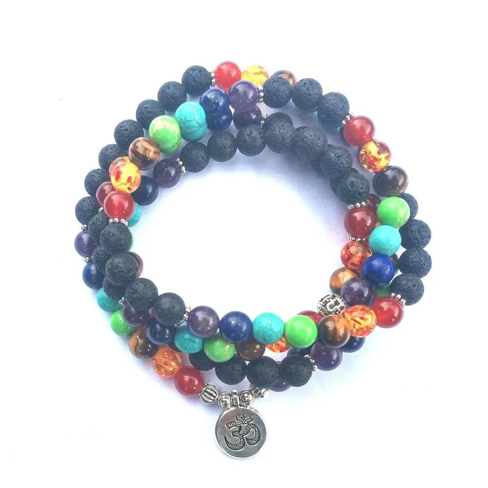 7 Chakra and Lava Stone 108 Beads Mala Bracelet - Lotus / Om / Buddha Charm