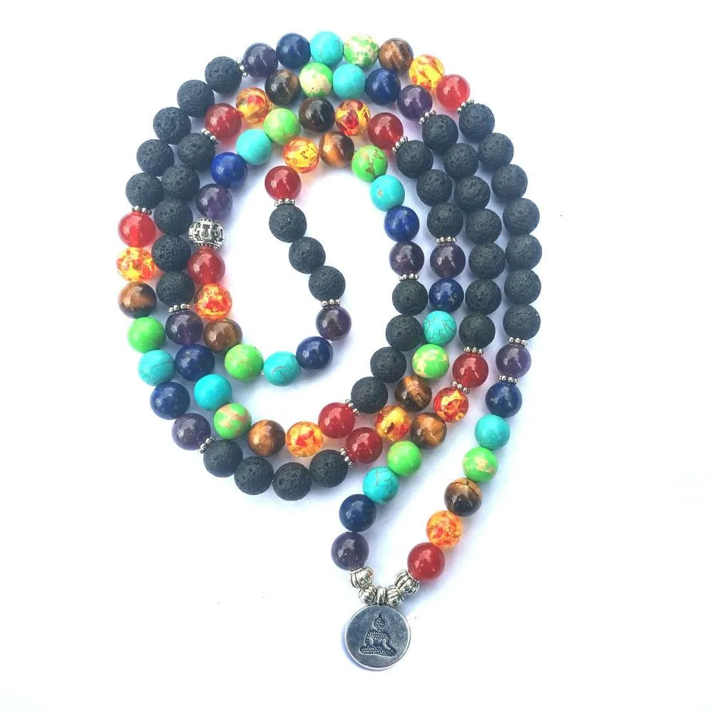 7 Chakra and Lava Stone 108 Beads Mala Bracelet - Lotus / Om / Buddha Charm