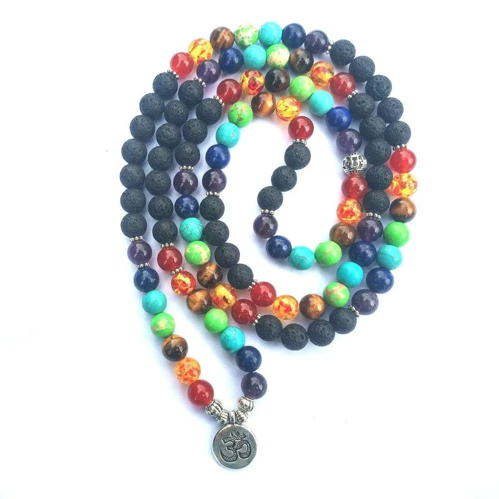 7 Chakra and Lava Stone 108 Beads Mala Bracelet - Lotus / Om / Buddha Charm