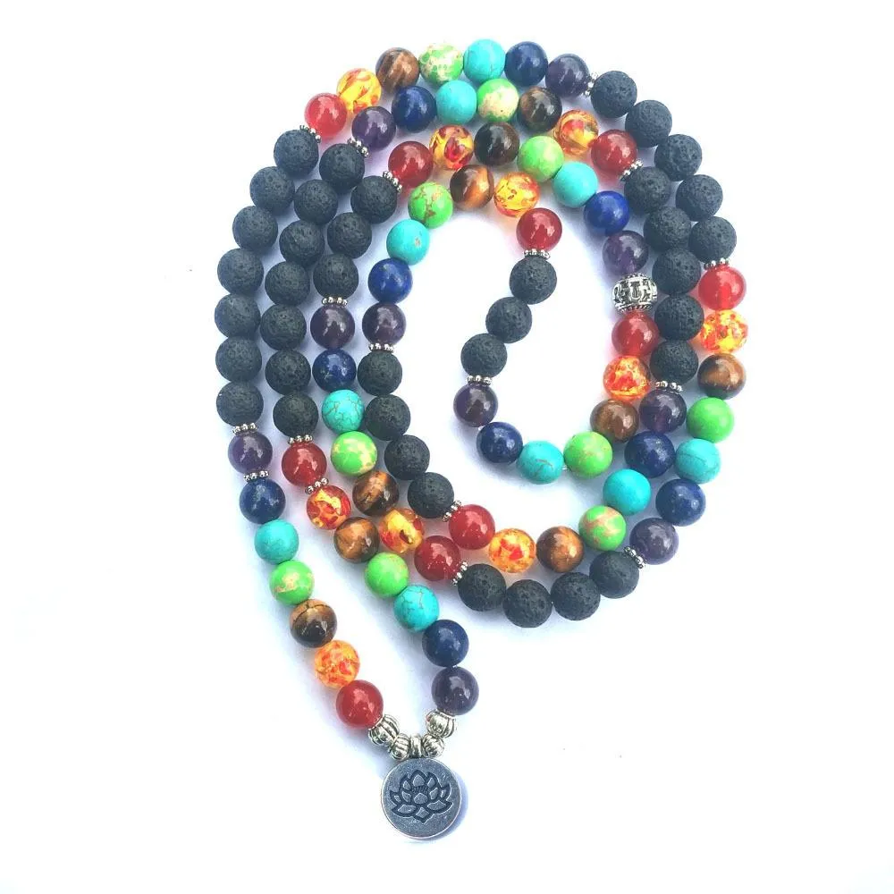 7 Chakra and Lava Stone 108 Beads Mala Bracelet - Lotus / Om / Buddha Charm