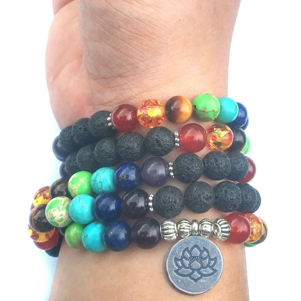 7 Chakra and Lava Stone 108 Beads Mala Bracelet - Lotus / Om / Buddha Charm