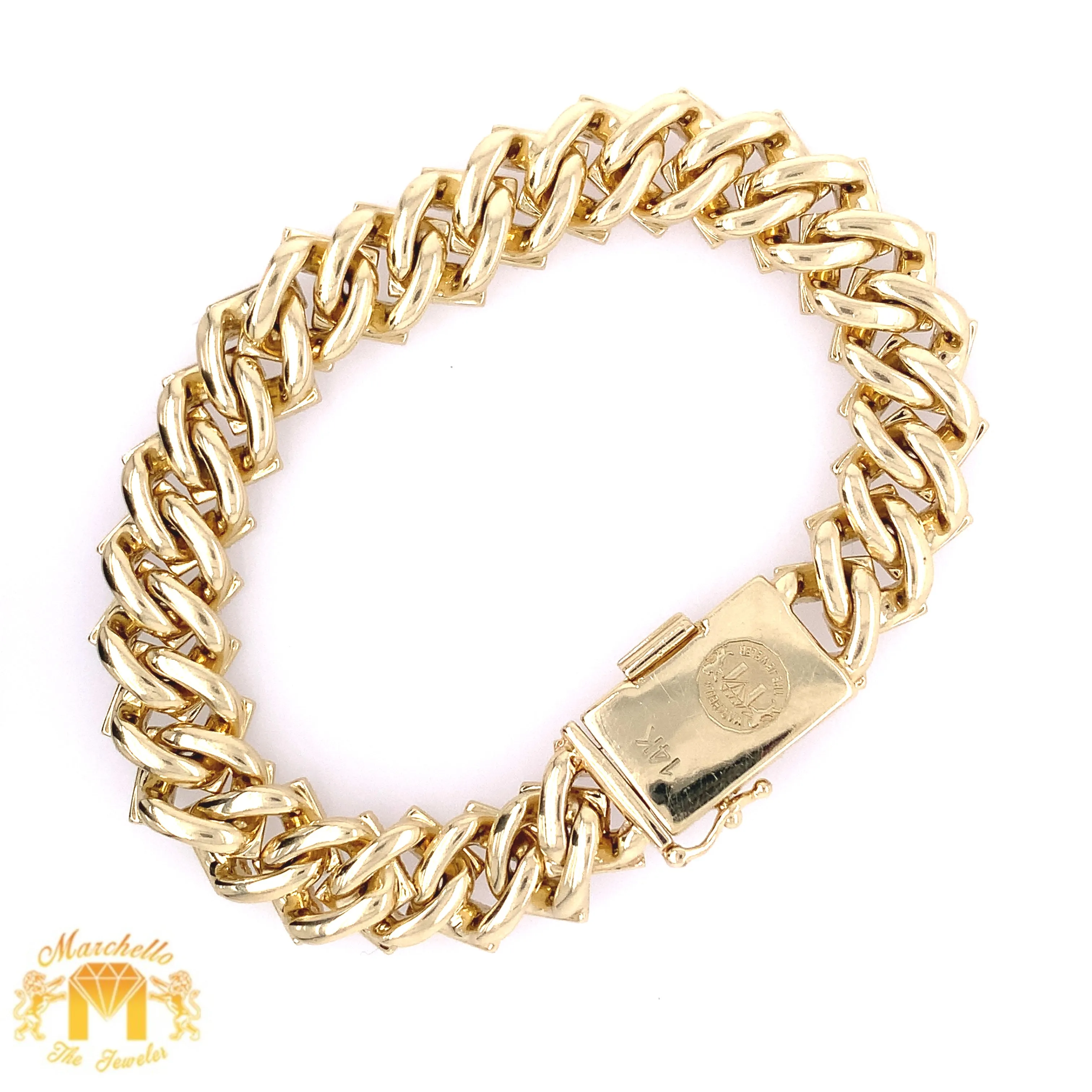 7.03ct Diamond 14k Yellow Gold 12.5mm Diamond Edge Shaped Cuban Bracelet (solid, baguette diamonds)