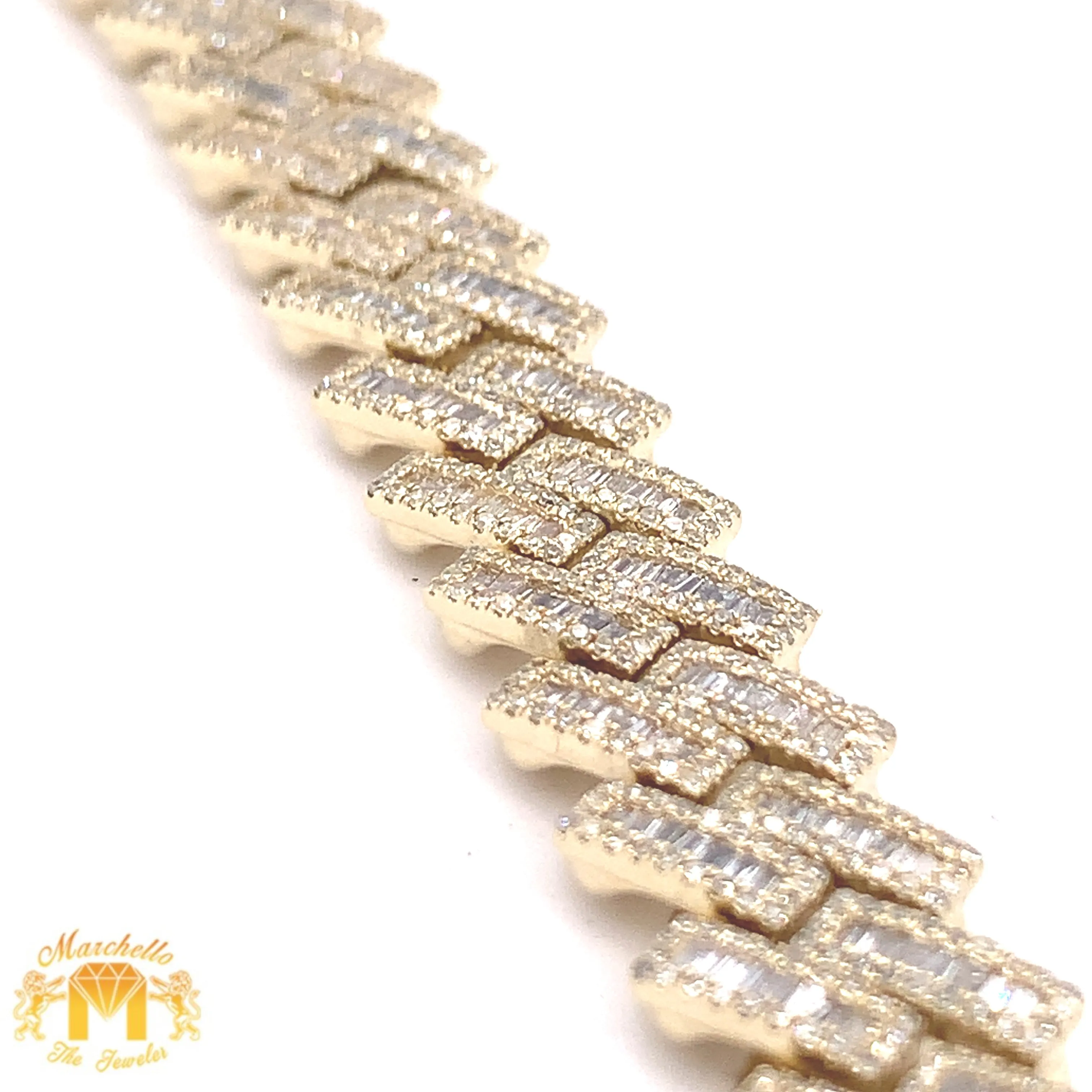 7.03ct Diamond 14k Yellow Gold 12.5mm Diamond Edge Shaped Cuban Bracelet (solid, baguette diamonds)
