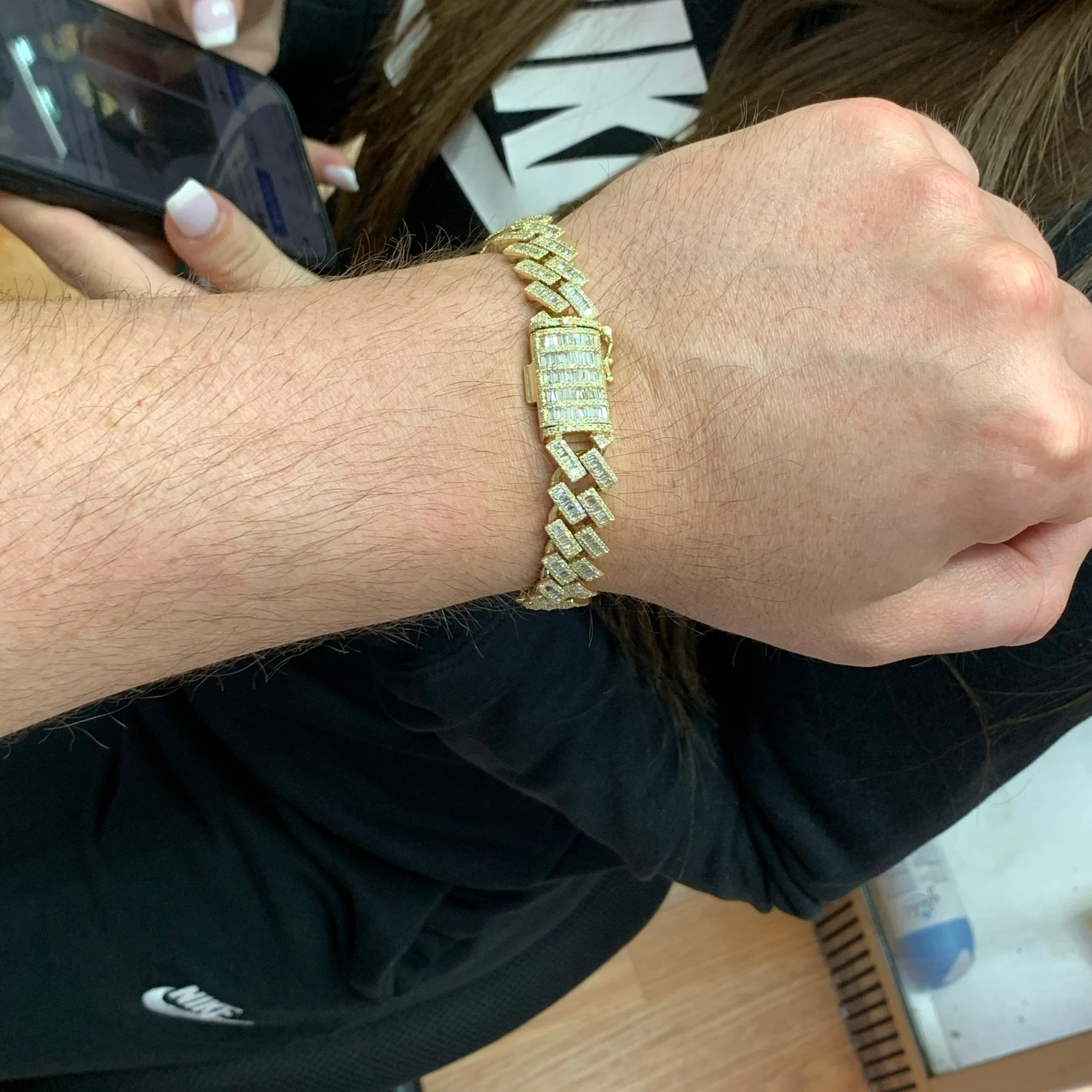 7.03ct Diamond 14k Yellow Gold 12.5mm Diamond Edge Shaped Cuban Bracelet (solid, baguette diamonds)