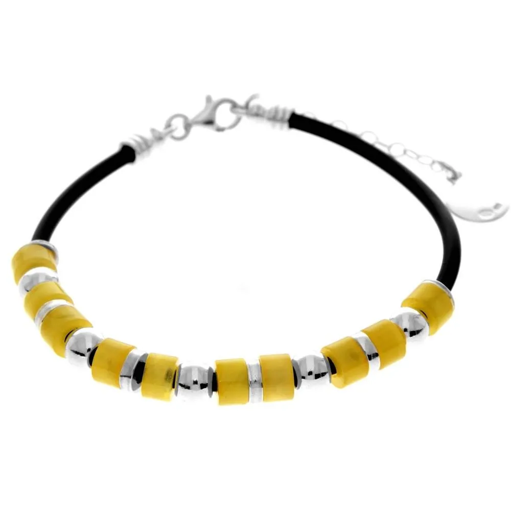 925 Sterling Silver & Genuine Baltic Amber Leather Rope Exclusive Bracelet - AA509