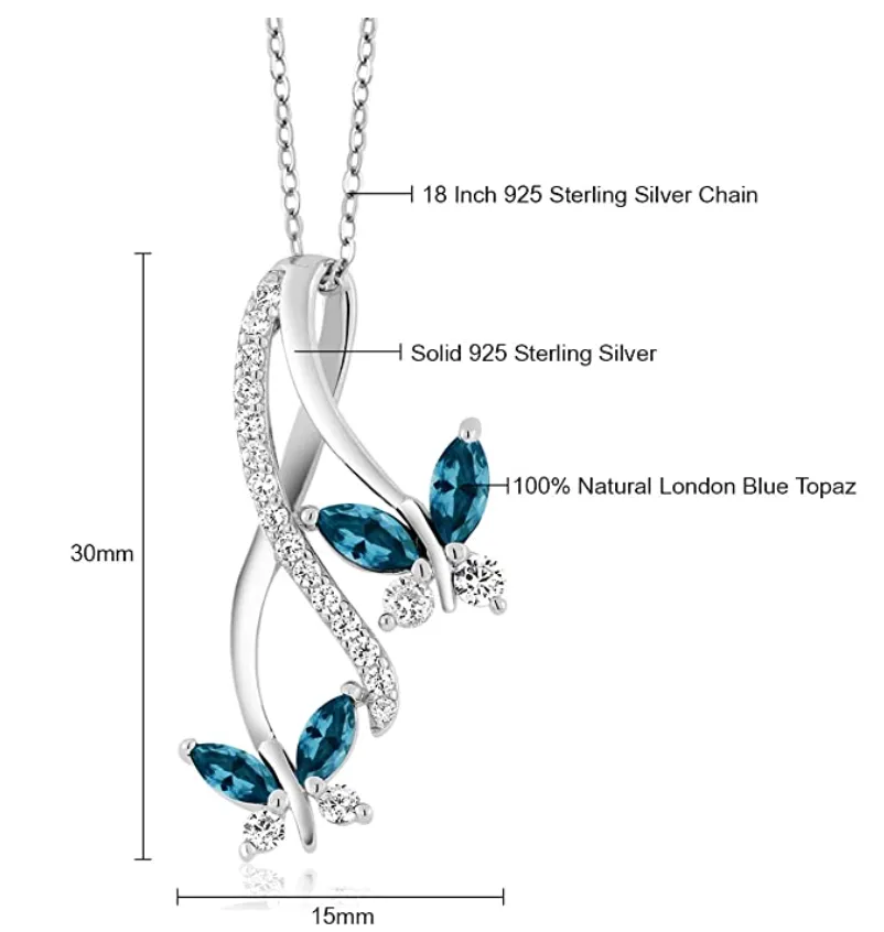 925 Sterling Silver Butterfly Necklace Created London Blue Topaz Diamond Butterfly Pendants Jewelry Butterfly Chain Birthday Gift 18in.