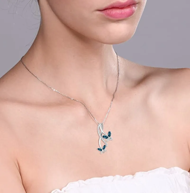 925 Sterling Silver Butterfly Necklace Created London Blue Topaz Diamond Butterfly Pendants Jewelry Butterfly Chain Birthday Gift 18in.