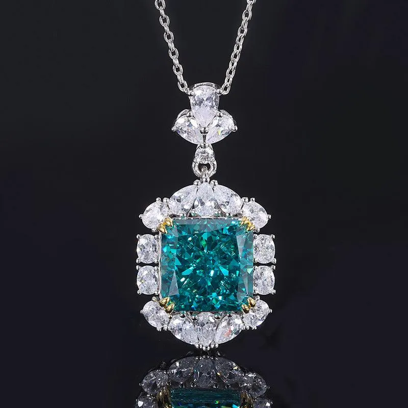 925 Sterling Silver Gemstone Jewelry Radiant Cut Imitation Yellow Diamond Blue Topaz Pendant