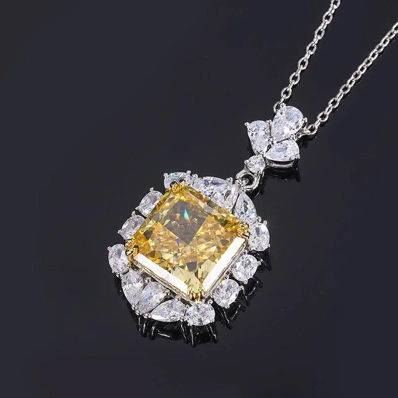 925 Sterling Silver Gemstone Jewelry Radiant Cut Imitation Yellow Diamond Blue Topaz Pendant