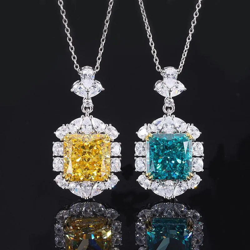 925 Sterling Silver Gemstone Jewelry Radiant Cut Imitation Yellow Diamond Blue Topaz Pendant