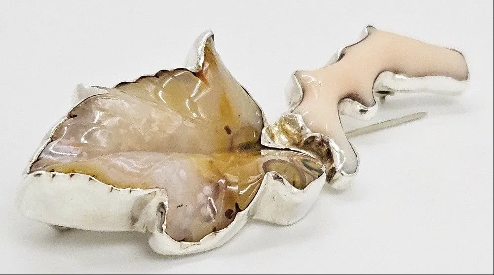 Amy Kahn Russell Sterling Carved Lacy Agate Pink Coral Leaf Brooch Pendant