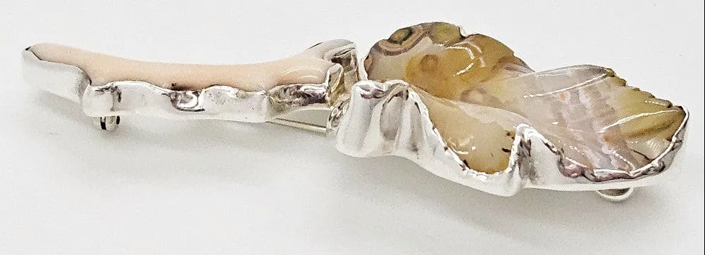 Amy Kahn Russell Sterling Carved Lacy Agate Pink Coral Leaf Brooch Pendant