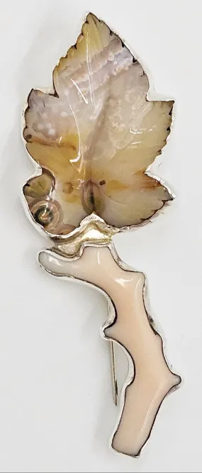Amy Kahn Russell Sterling Carved Lacy Agate Pink Coral Leaf Brooch Pendant