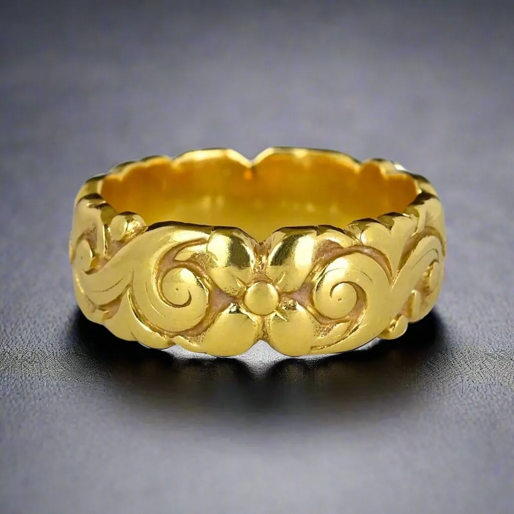 Antique 18K Gold Floral Carved Wide Wedding Ring Band