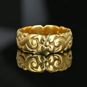 Antique 18K Gold Floral Carved Wide Wedding Ring Band