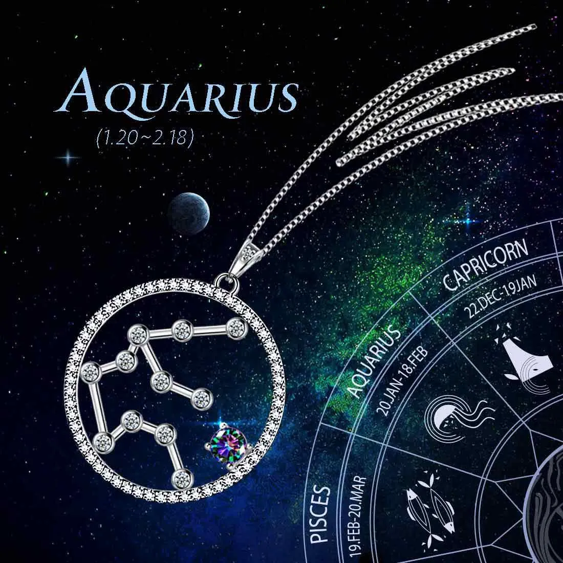 Aquarius Zodiac Necklace Pendant Women Girls Jewelry Birthday Gift Mystic Topaz 925 Silver