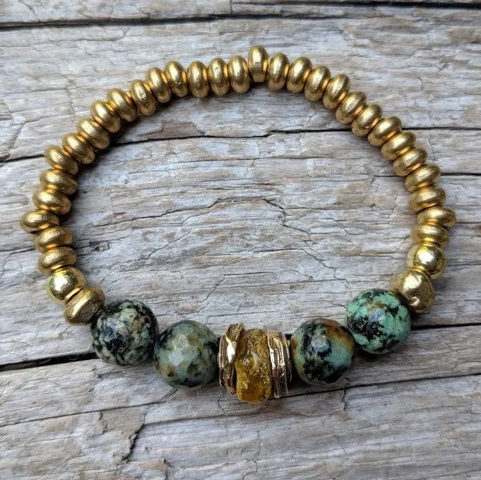 Baltic Amber, African Turquoise & Brass Forest Green Earthy Elastic Bracelet