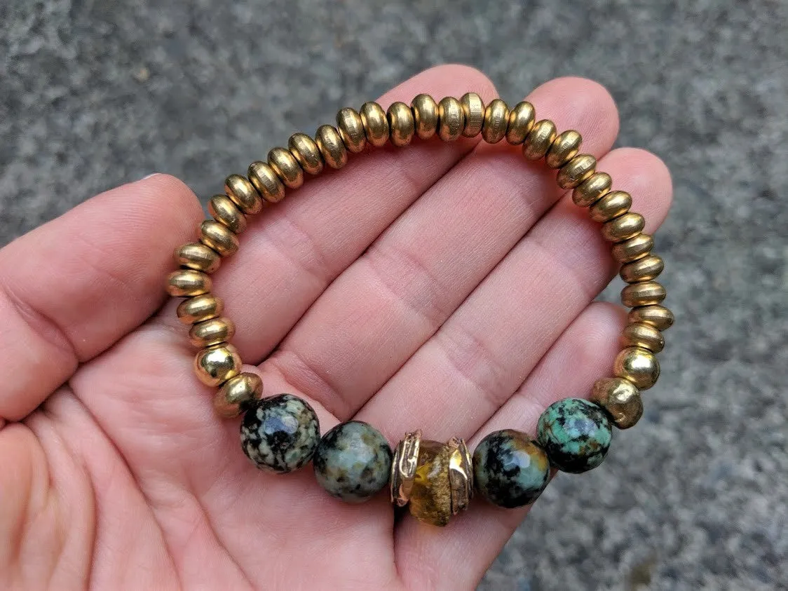 Baltic Amber, African Turquoise & Brass Forest Green Earthy Elastic Bracelet