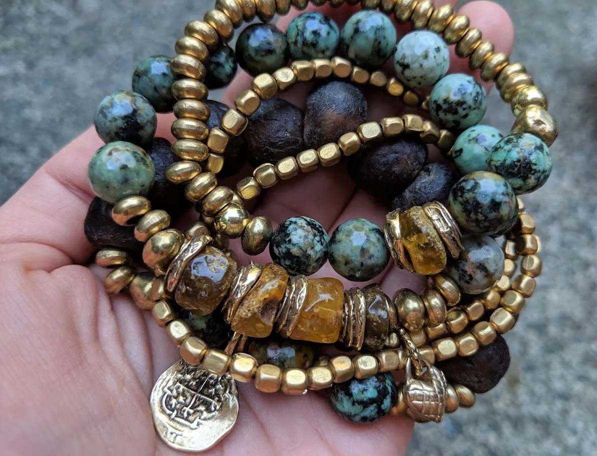Baltic Amber, African Turquoise & Brass Forest Green Earthy Elastic Bracelet