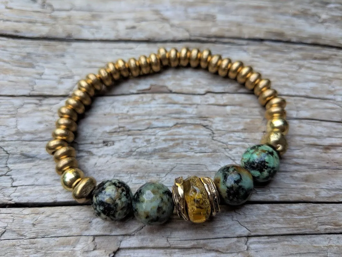 Baltic Amber, African Turquoise & Brass Forest Green Earthy Elastic Bracelet