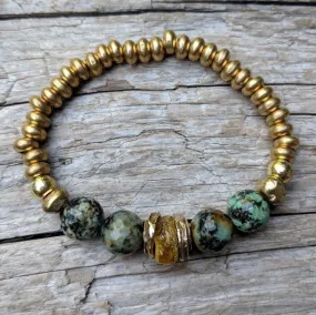 Baltic Amber, African Turquoise & Brass Forest Green Earthy Elastic Bracelet