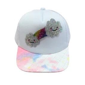 Bari Lynn Rhinestone Happy Cloud Rainbow Tie Dye Brim Trucker Hat