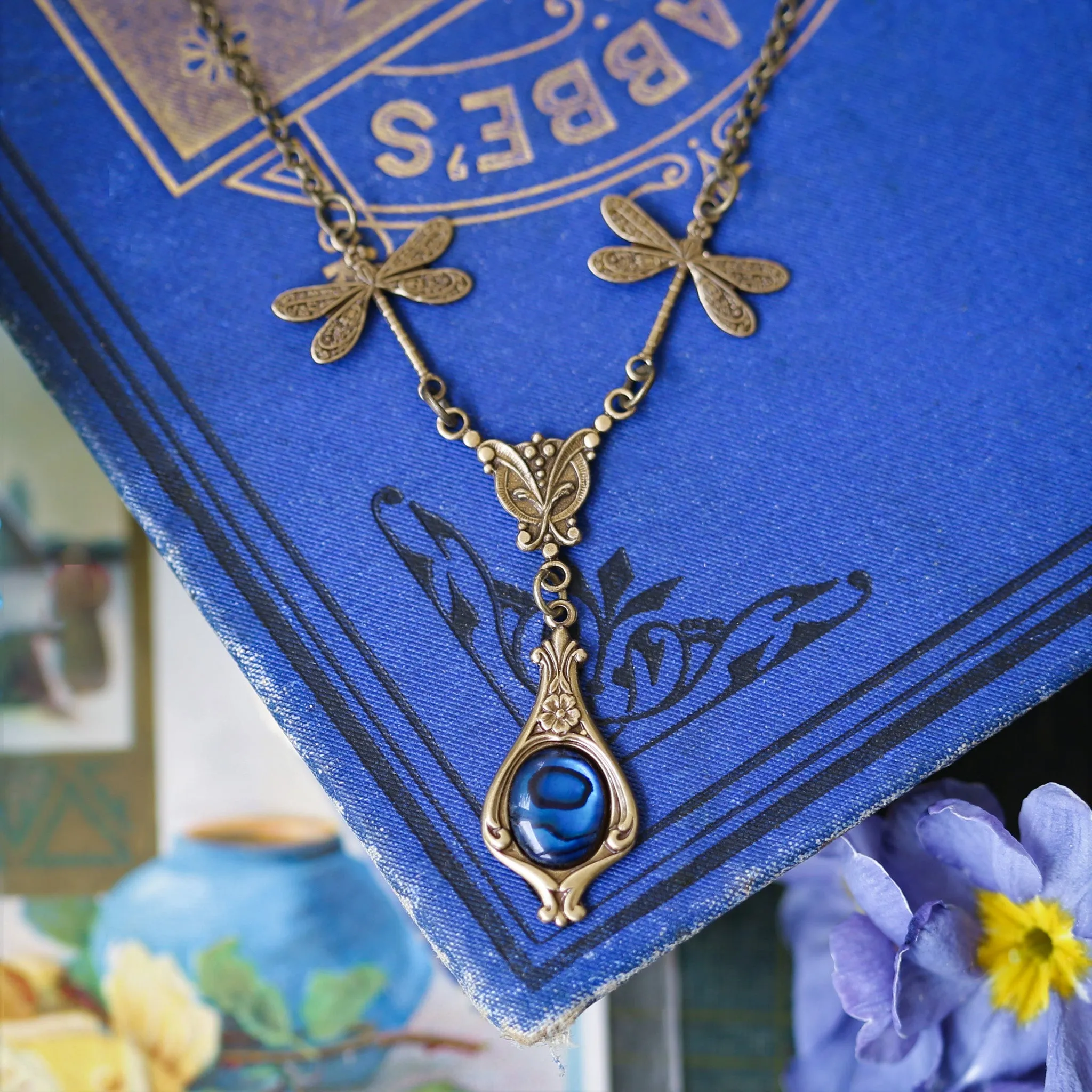 Blue Stone or Shell Vintage Dragonfly Necklace