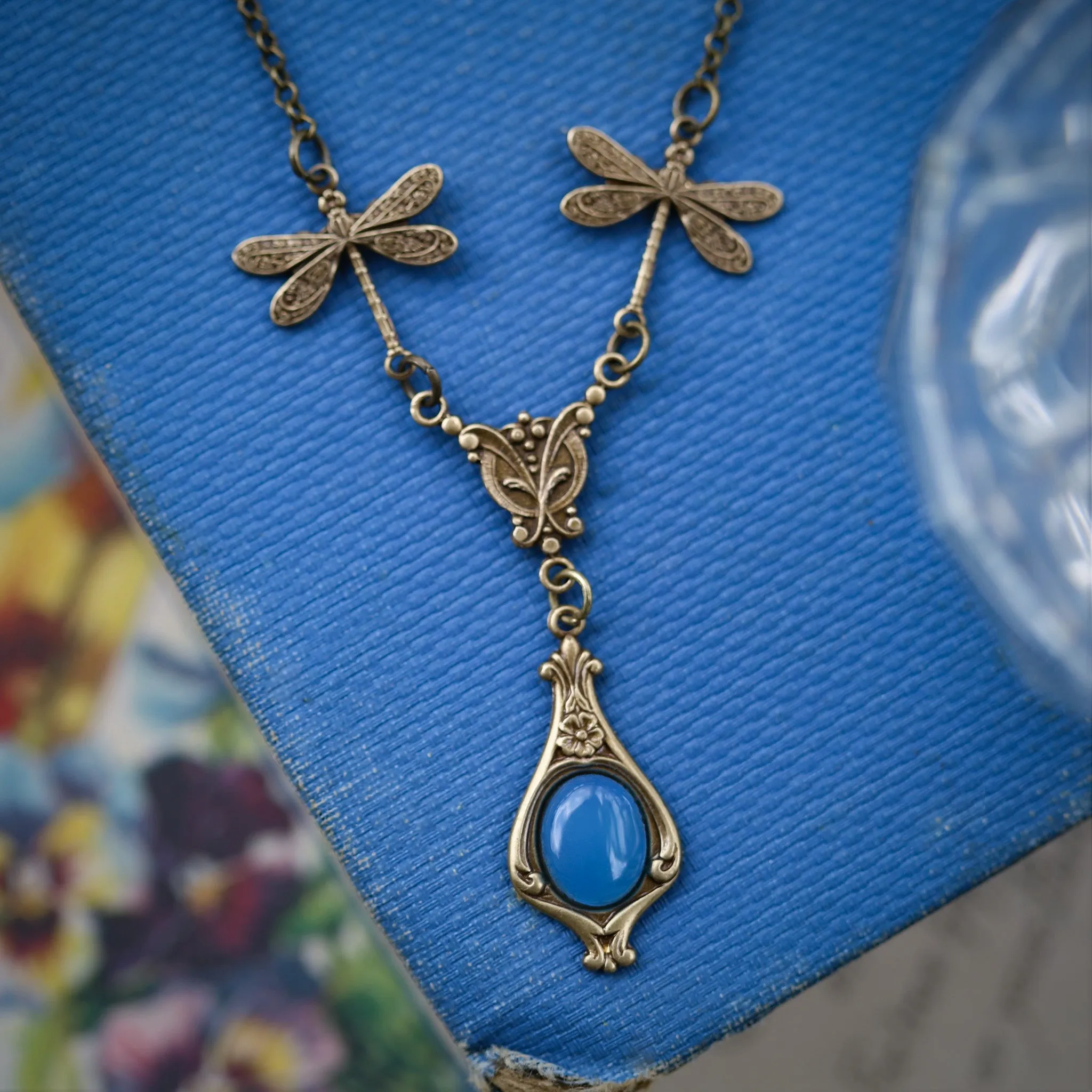 Blue Stone or Shell Vintage Dragonfly Necklace