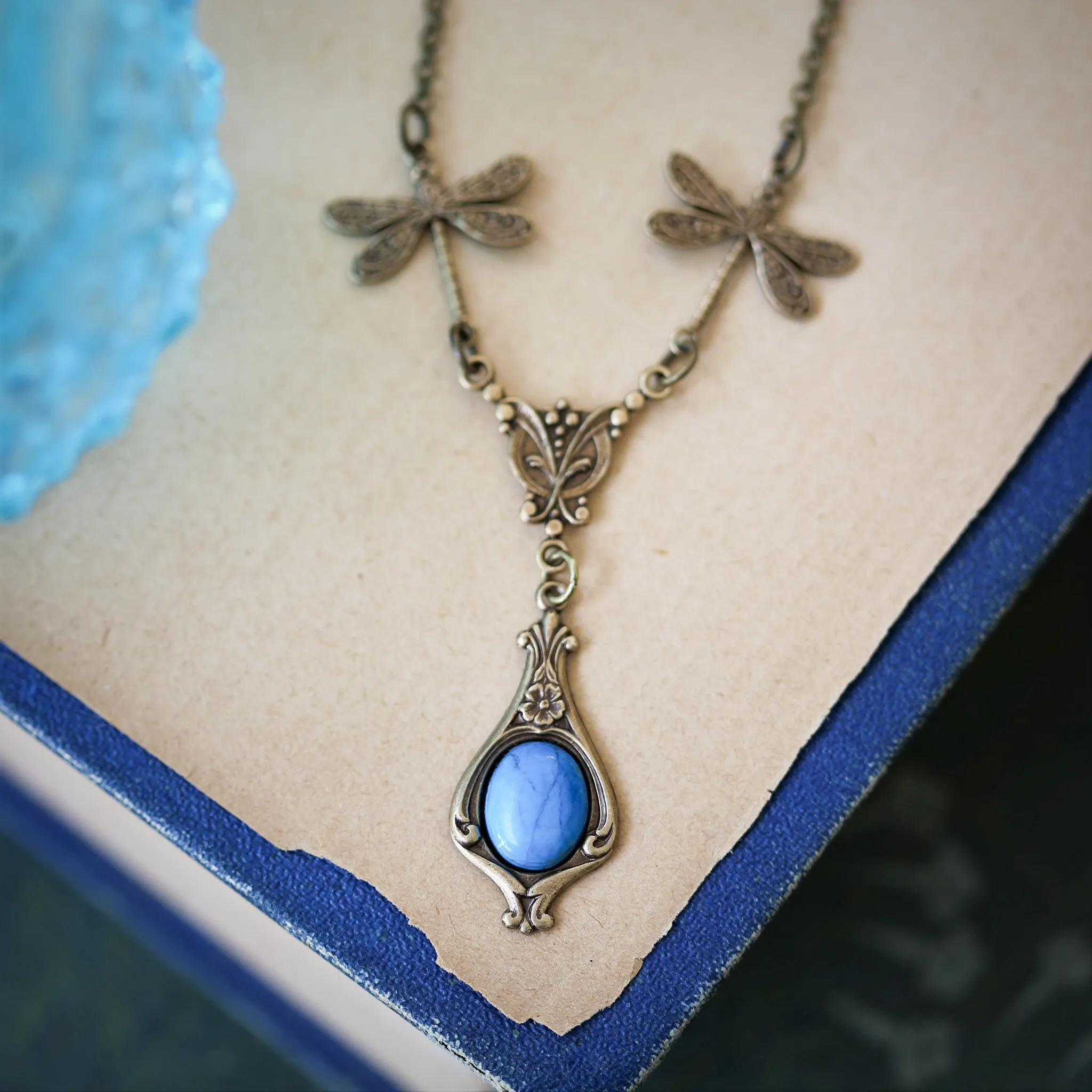 Blue Stone or Shell Vintage Dragonfly Necklace