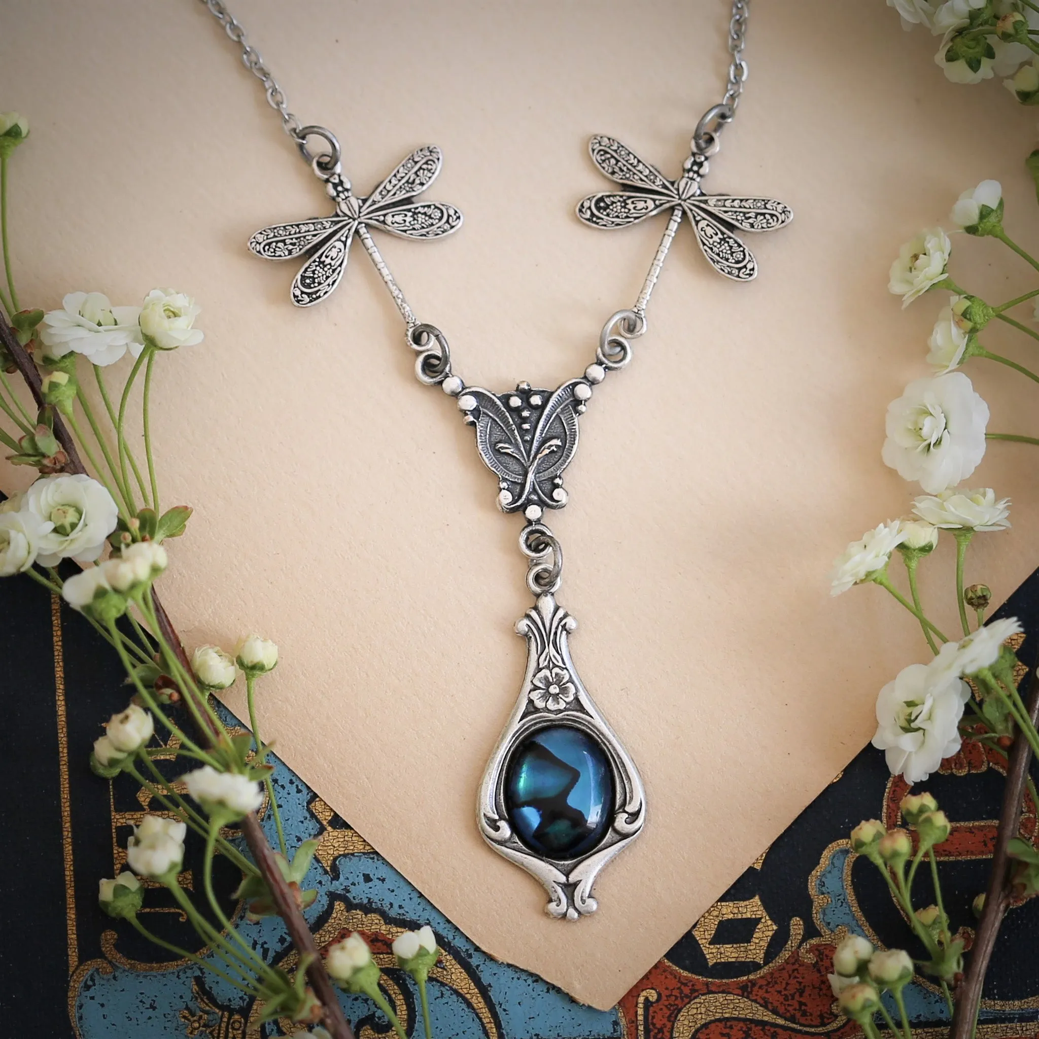 Blue Stone or Shell Vintage Dragonfly Necklace