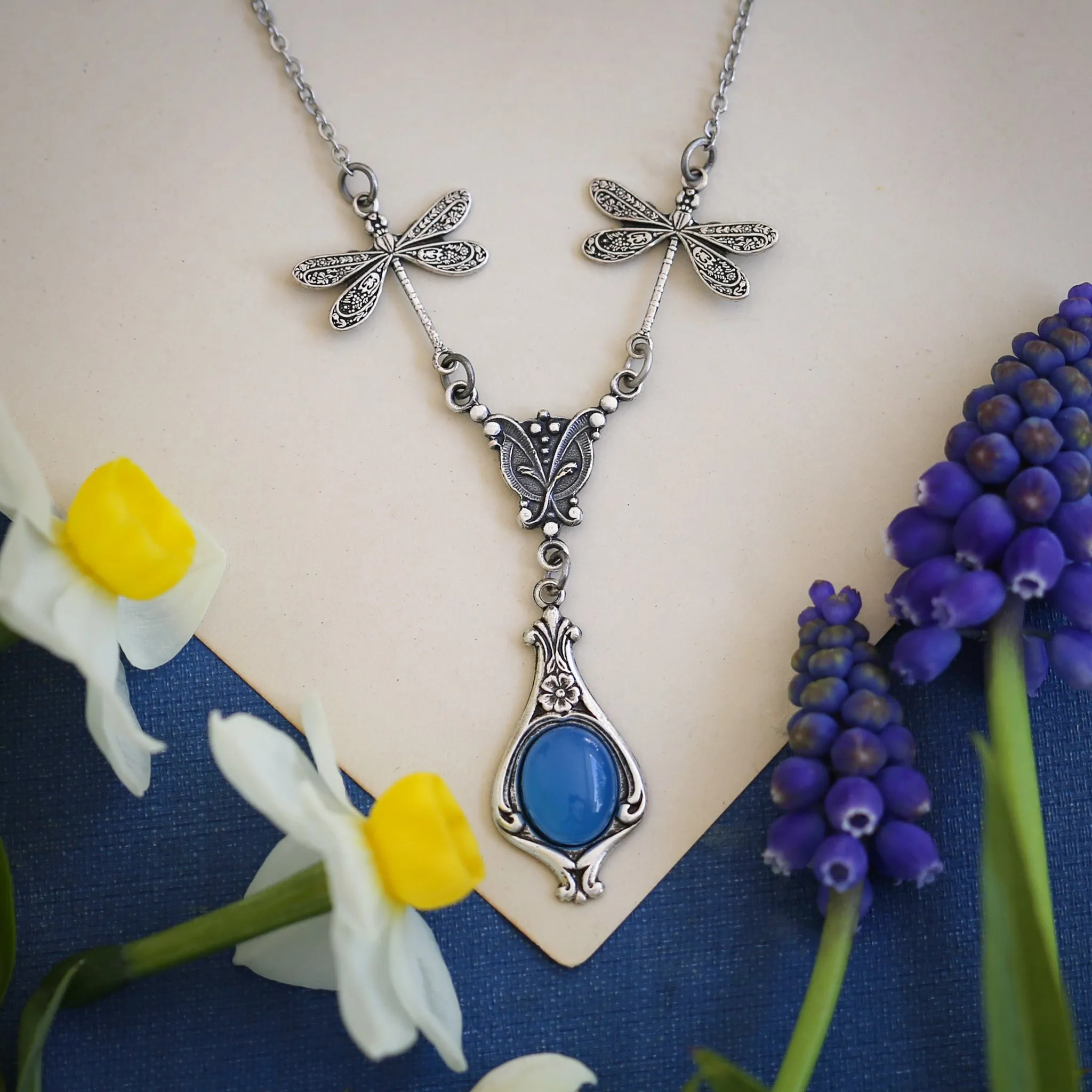 Blue Stone or Shell Vintage Dragonfly Necklace